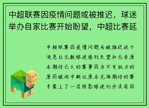 中超联赛因疫情问题或被推迟，球迷举办自家比赛开始盼望，中超比赛延期原因