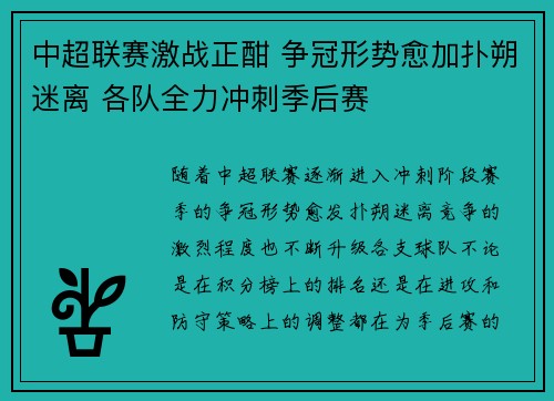 中超联赛激战正酣 争冠形势愈加扑朔迷离 各队全力冲刺季后赛