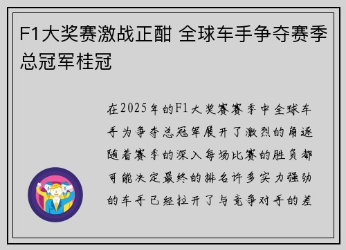 F1大奖赛激战正酣 全球车手争夺赛季总冠军桂冠