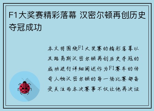 F1大奖赛精彩落幕 汉密尔顿再创历史夺冠成功