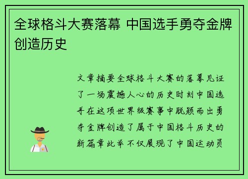 全球格斗大赛落幕 中国选手勇夺金牌创造历史
