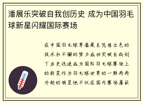 潘展乐突破自我创历史 成为中国羽毛球新星闪耀国际赛场