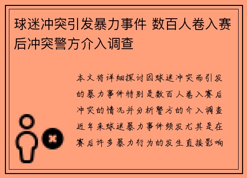 球迷冲突引发暴力事件 数百人卷入赛后冲突警方介入调查